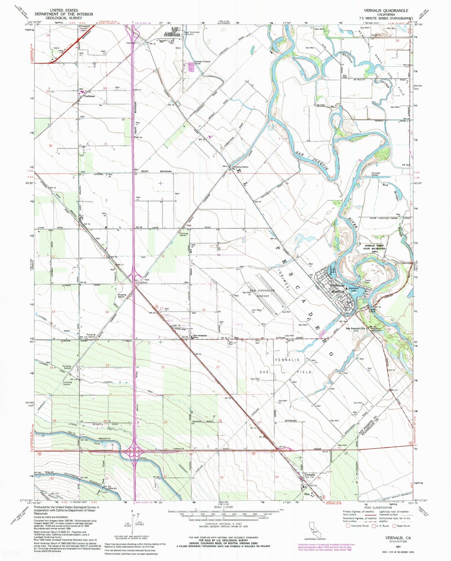 Classic USGS Vernalis California 7.5'x7.5' Topo Map Image