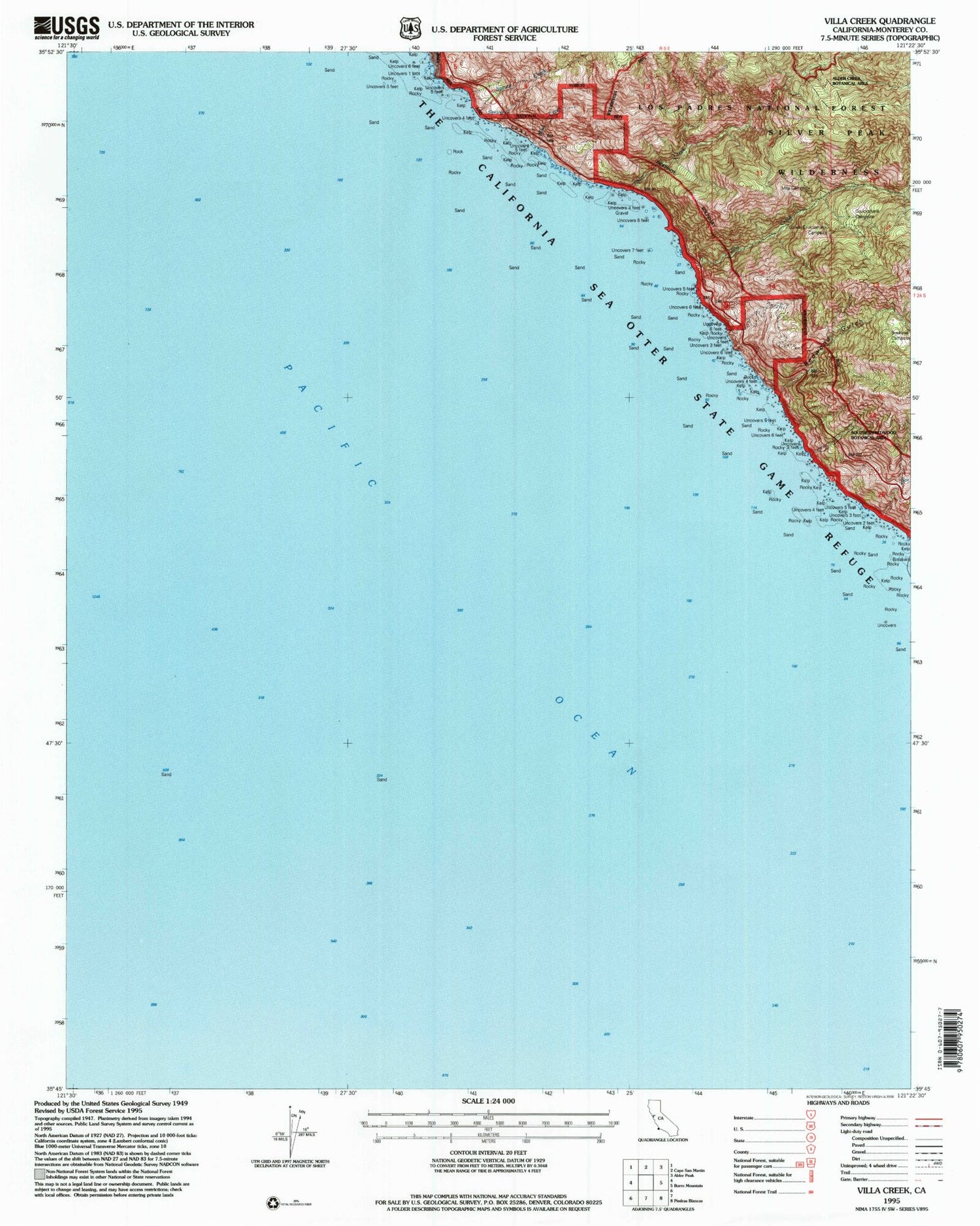 Classic USGS Villa Creek California 7.5'x7.5' Topo Map Image