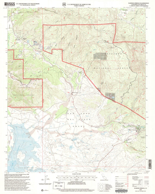 Classic USGS Warner Springs California 7.5'x7.5' Topo Map Image