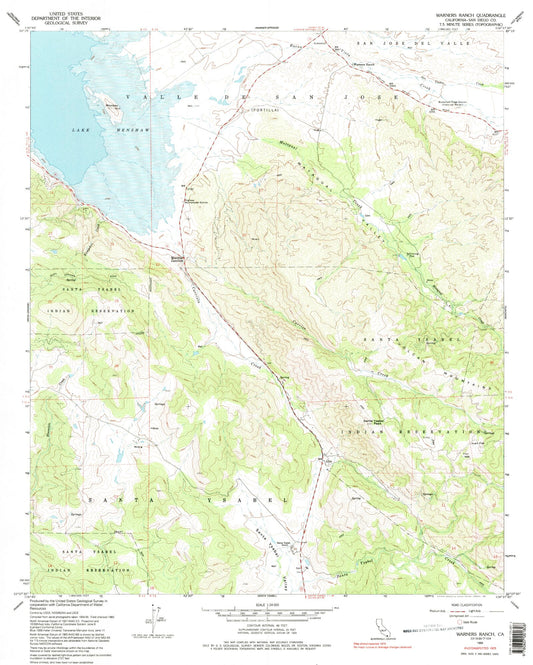Classic USGS Warners Ranch California 7.5'x7.5' Topo Map Image
