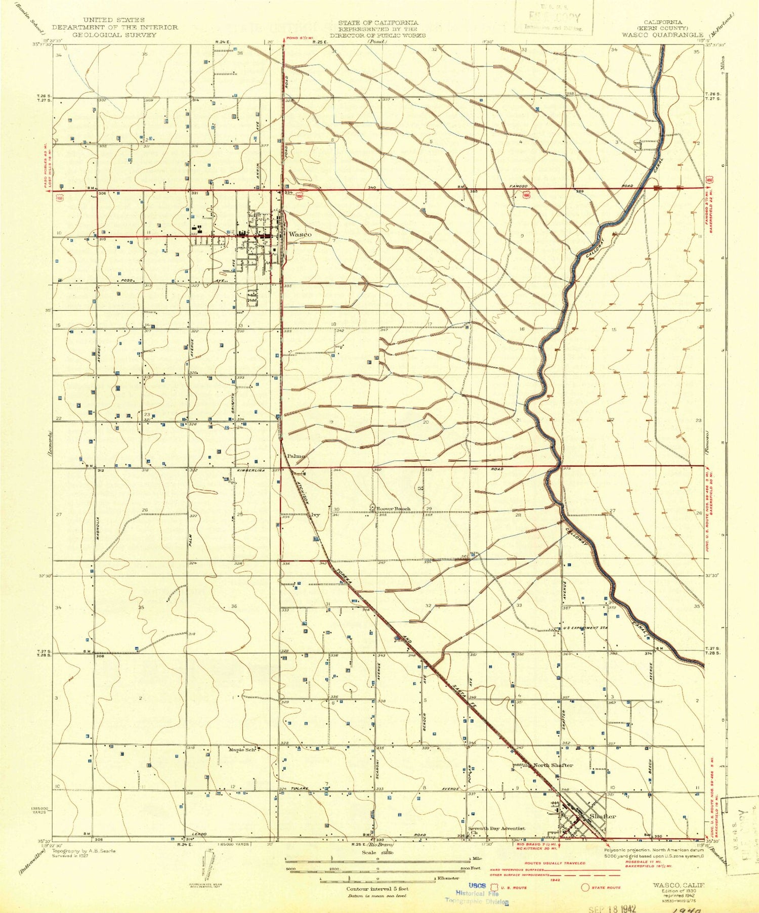 Classic USGS Wasco California 7.5'x7.5' Topo Map Image