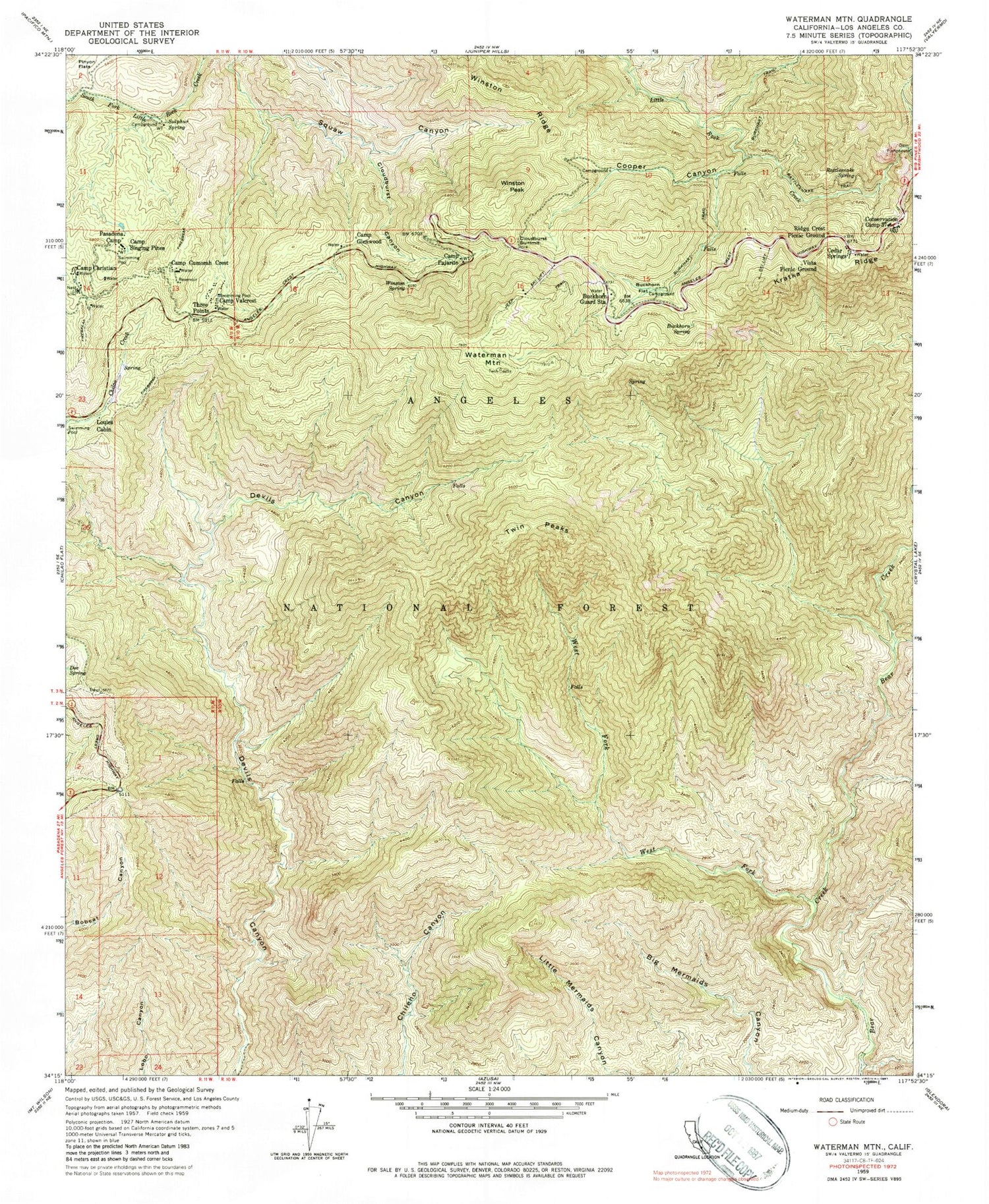 USGS Classic Waterman Mountain California 7.5'x7.5' Topo Map Image