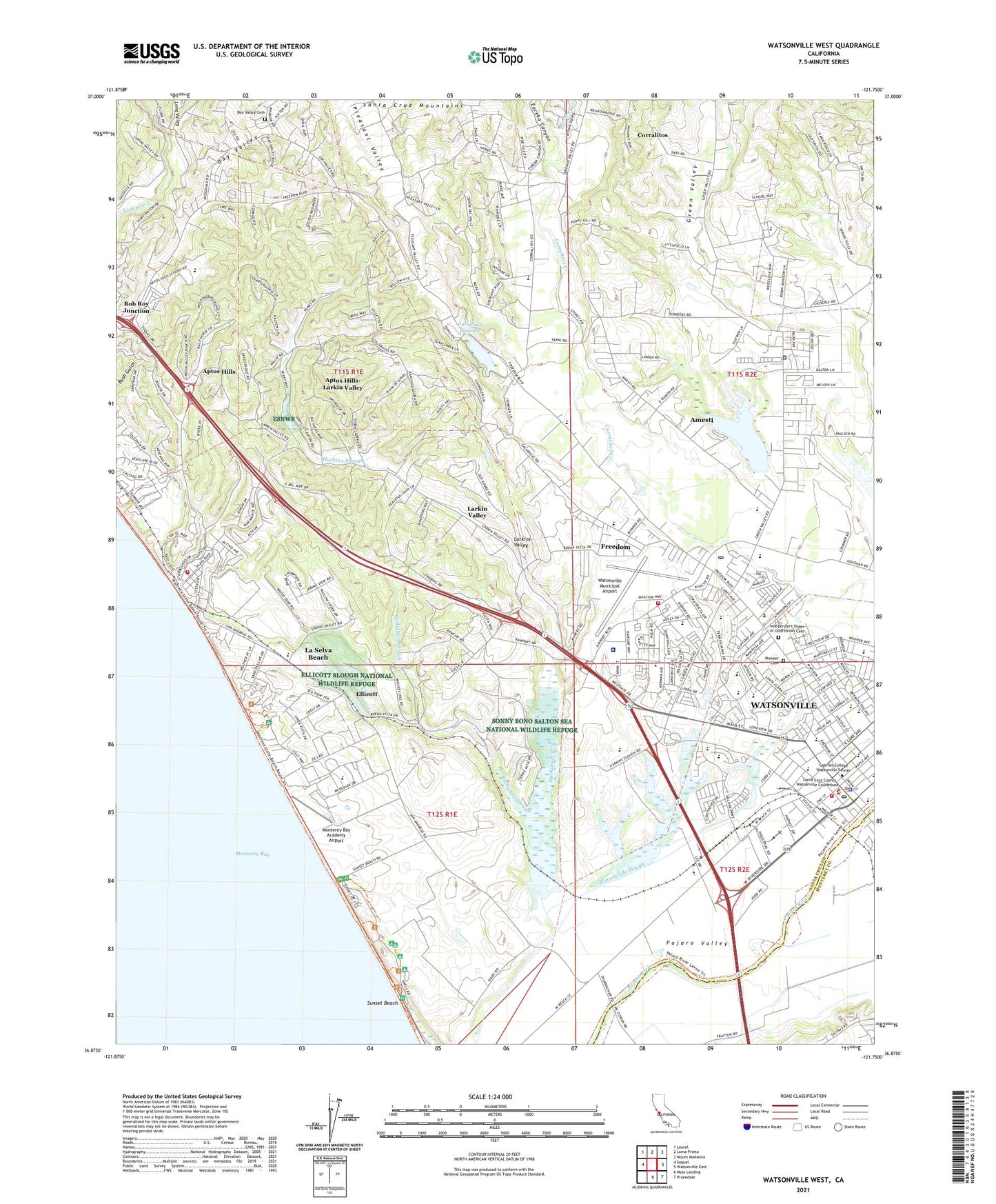 Watsonville West California US Topo Map Image