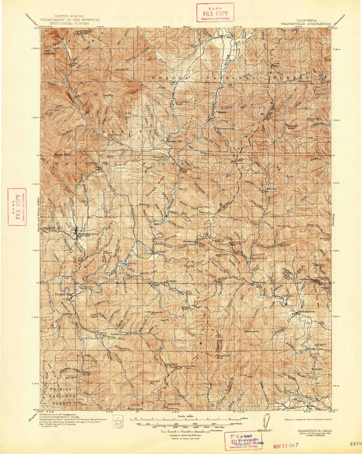 Historic 1913 Weaverville California 30'x30' Topo Map Image