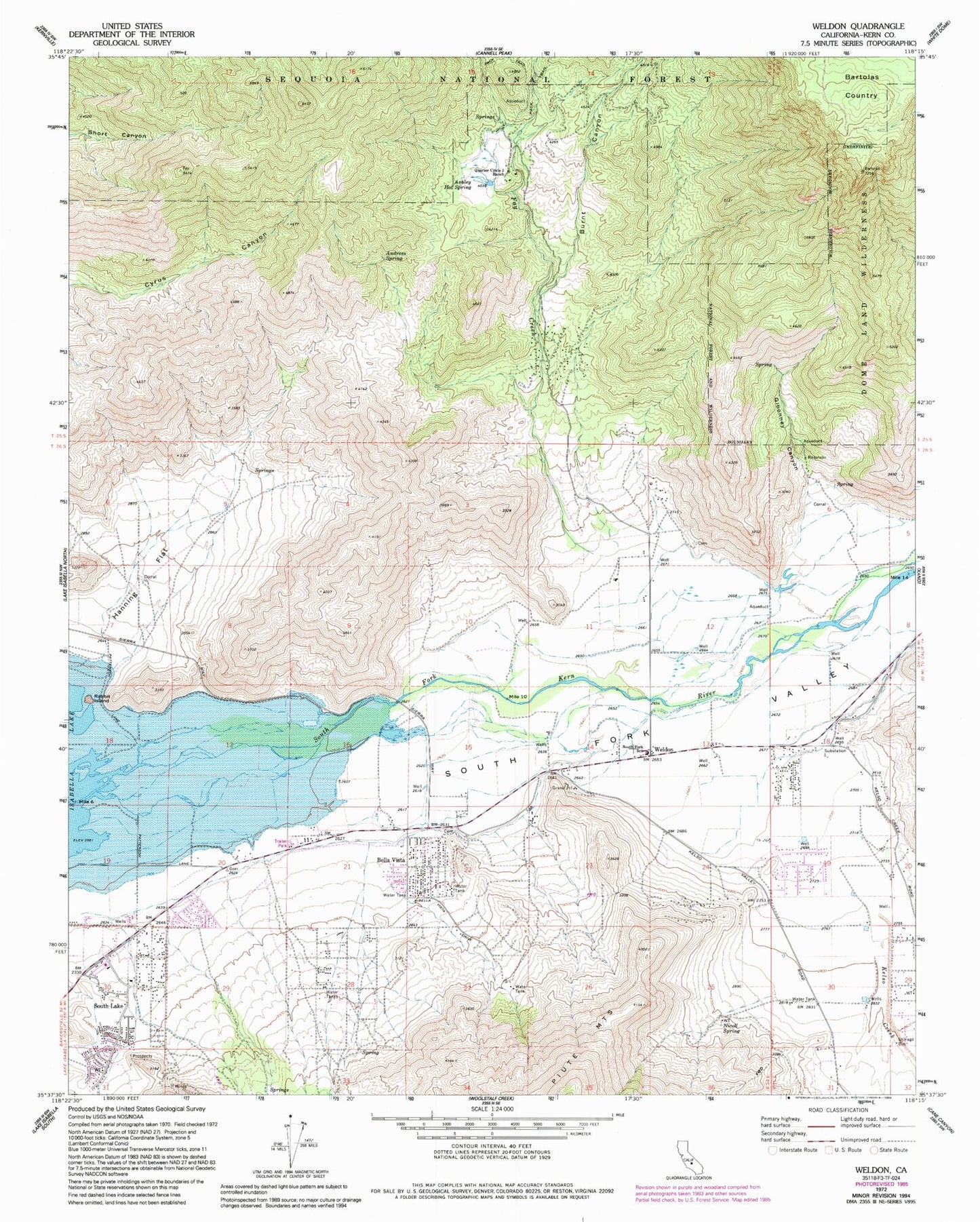 Classic USGS Weldon California 7.5'x7.5' Topo Map Image