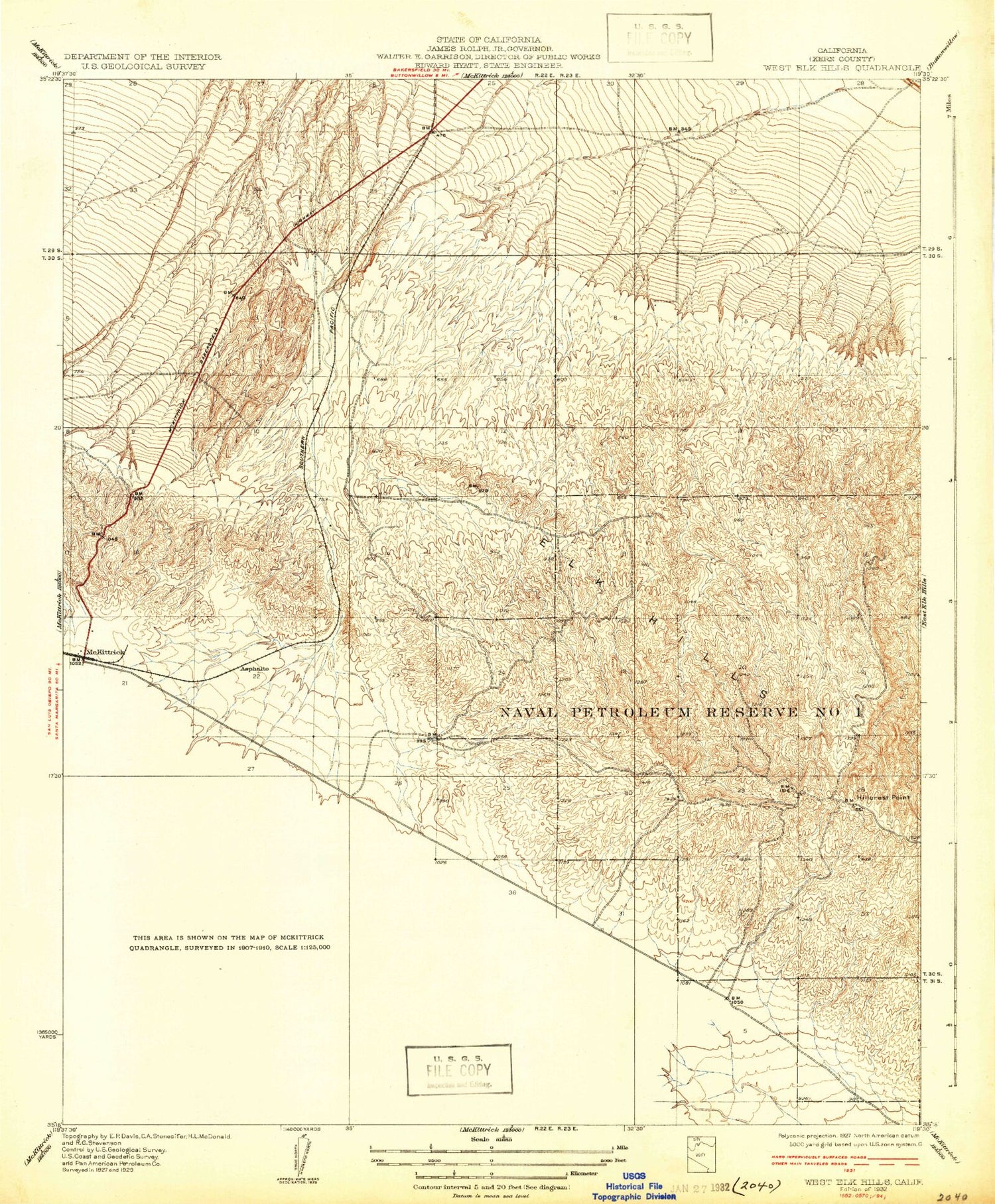 Classic USGS West Elk Hills California 7.5'x7.5' Topo Map Image
