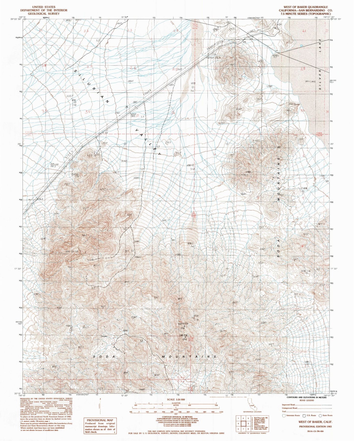 Classic USGS West of Baker California 7.5'x7.5' Topo Map Image