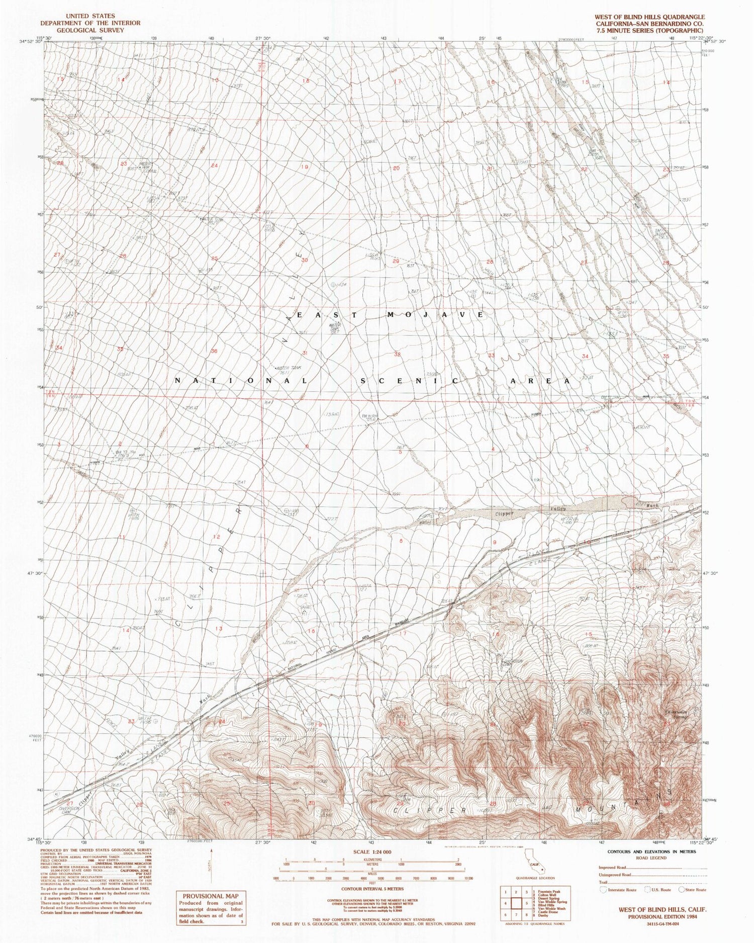 Classic USGS West of Blind Hills California 7.5'x7.5' Topo Map Image