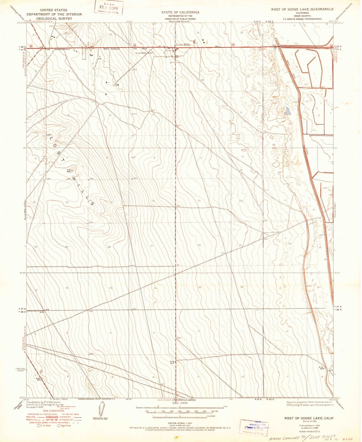 Classic USGS Lost Hills California 7.5'x7.5' Topo Map Image