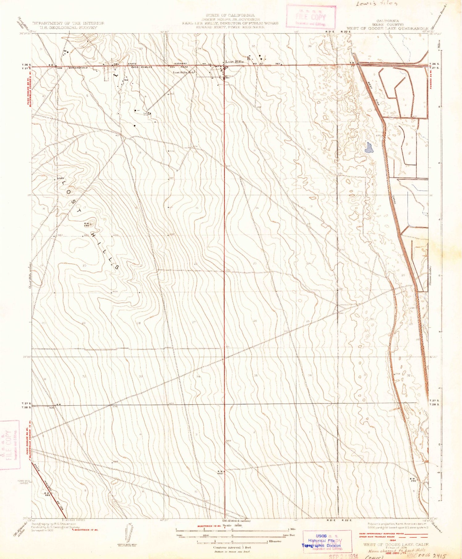 Classic USGS Lost Hills California 7.5'x7.5' Topo Map Image