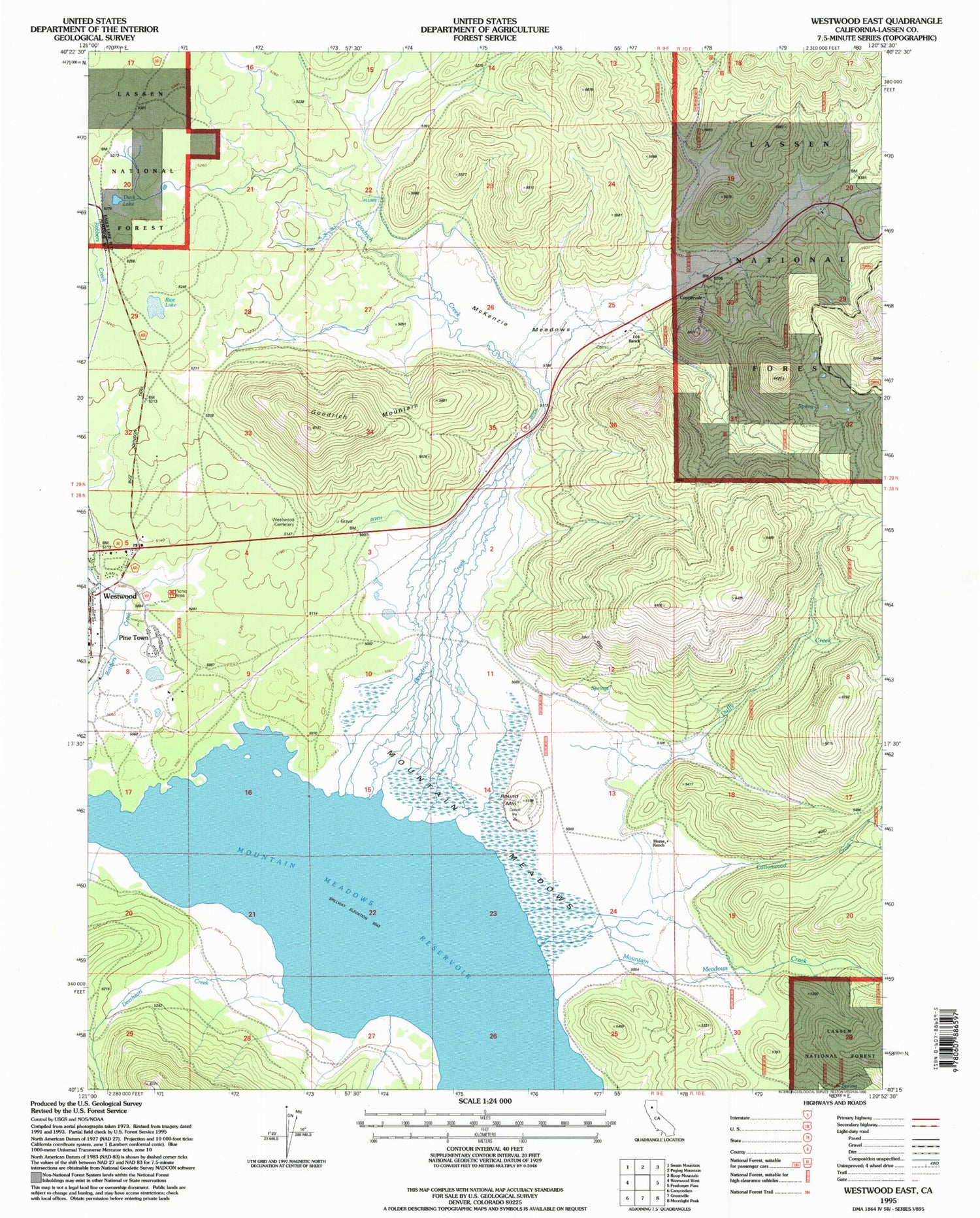 Classic USGS Westwood East California 7.5'x7.5' Topo Map Image