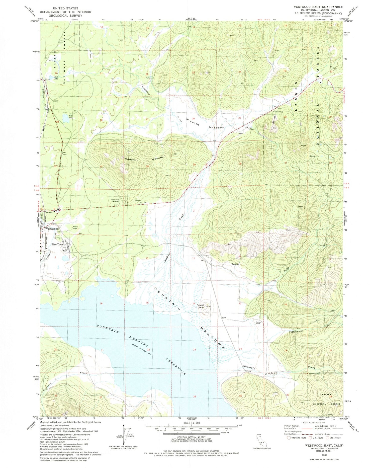 Classic USGS Westwood East California 7.5'x7.5' Topo Map Image