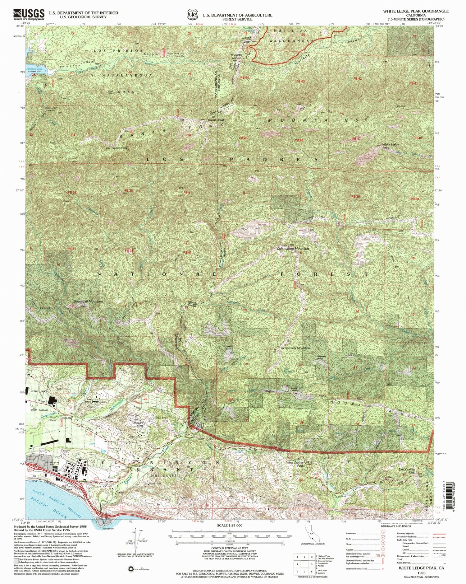 Classic USGS White Ledge Peak California 7.5'x7.5' Topo Map Image