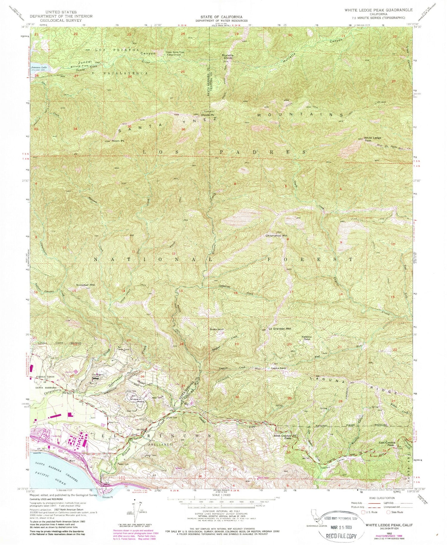 Classic USGS White Ledge Peak California 7.5'x7.5' Topo Map Image