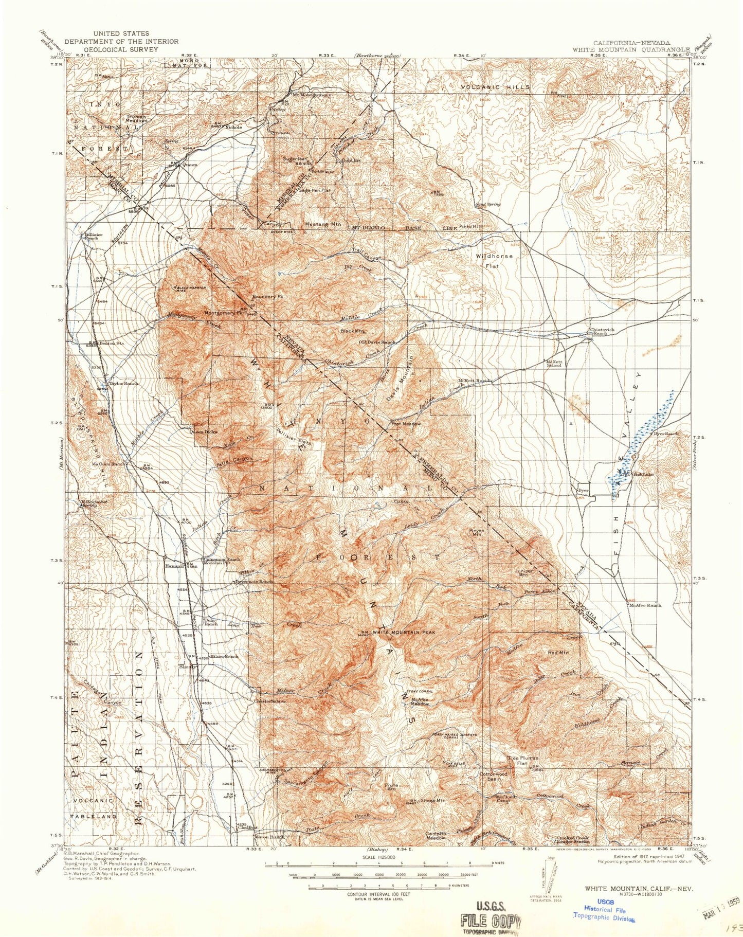 Historic 1917 White Mountain California 30'x30' Topo Map Image