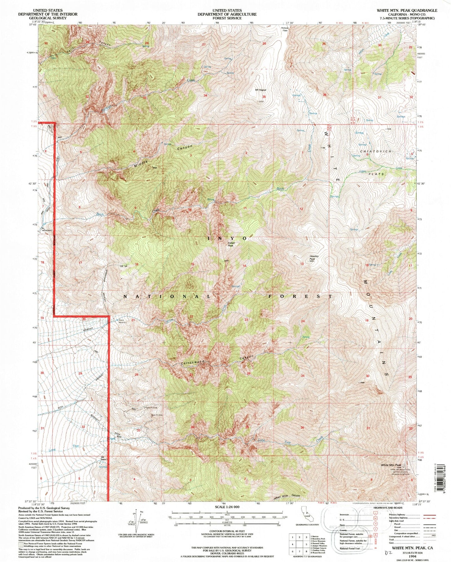Classic USGS White Mountain Peak California 7.5'x7.5' Topo Map Image