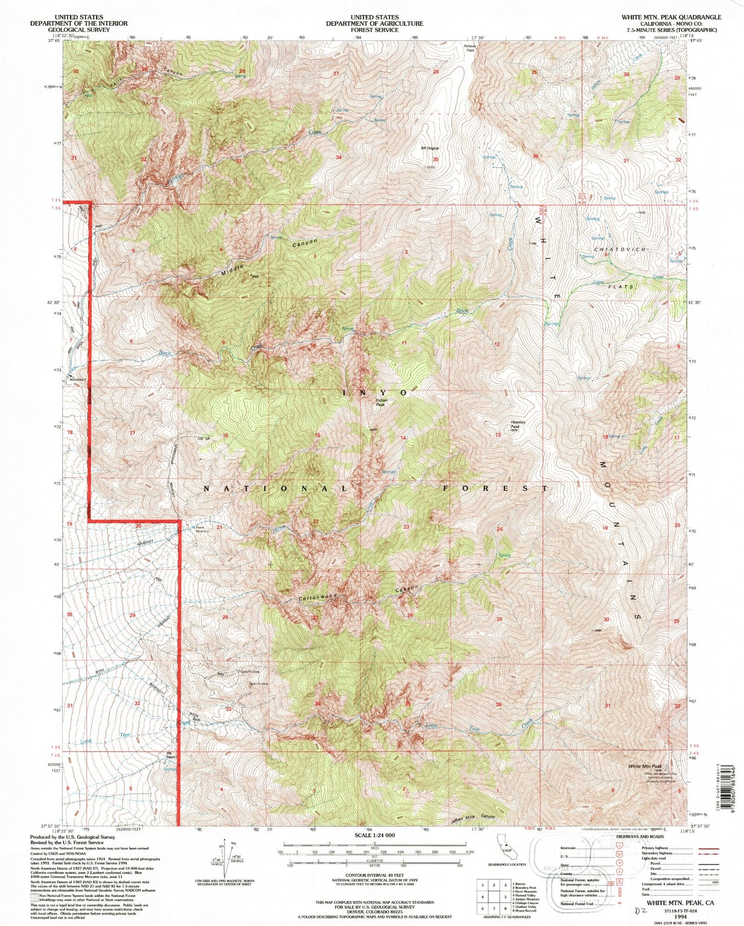 Classic USGS White Mountain Peak California 7.5'x7.5' Topo Map Image
