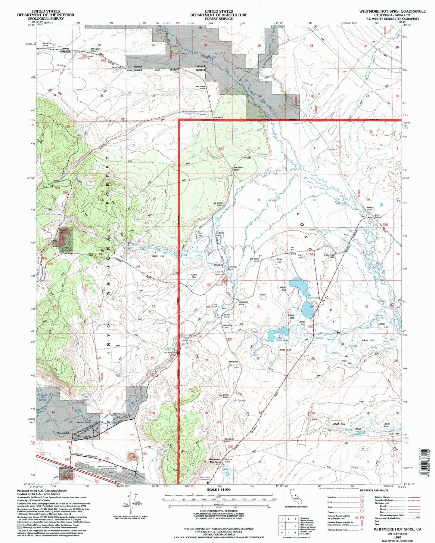 Classic USGS Whitmore Hot Springs California 7.5'x7.5' Topo Map Image