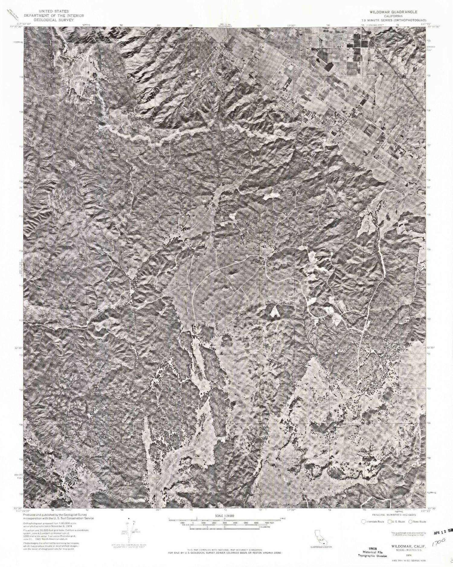 Classic USGS Wildomar California 7.5'x7.5' Topo Map Image