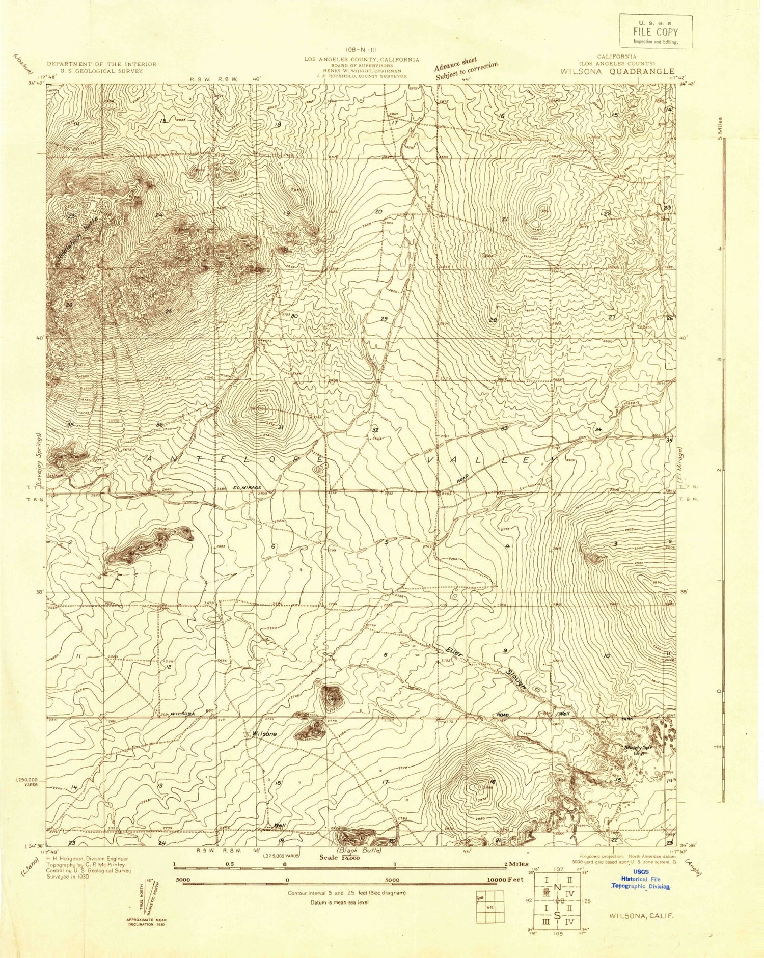 Classic USGS Wilsona California 7.5'x7.5' Topo Map Image
