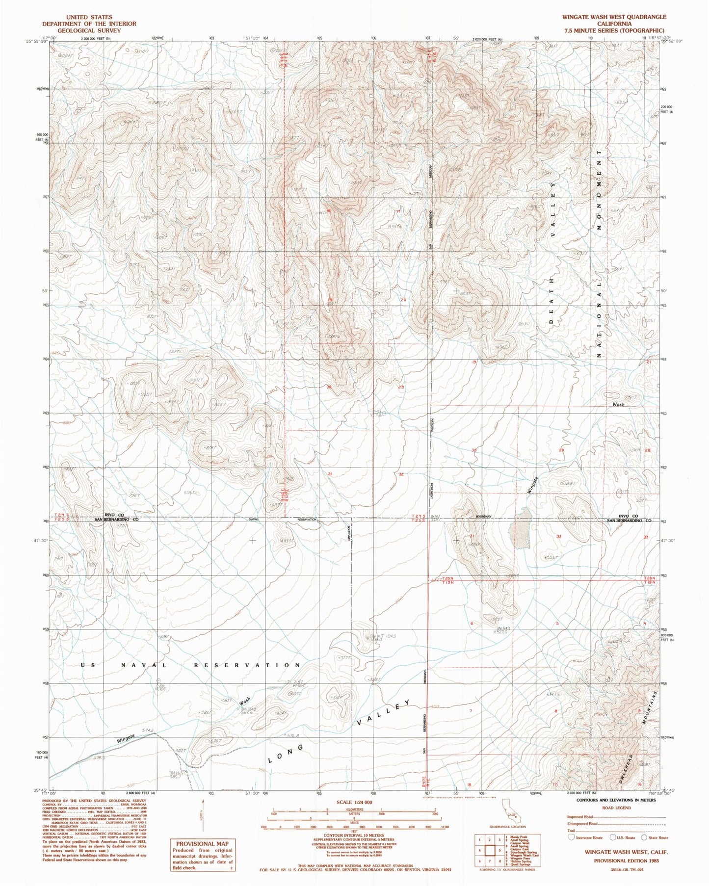 Classic USGS Wingate Wash West California 7.5'x7.5' Topo Map Image
