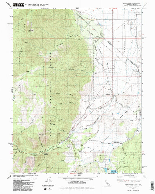 Classic USGS Woodfords California 7.5'x7.5' Topo Map Image