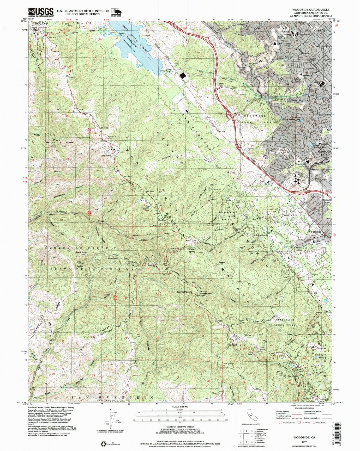 Classic USGS Woodside California 7.5'x7.5' Topo Map Image