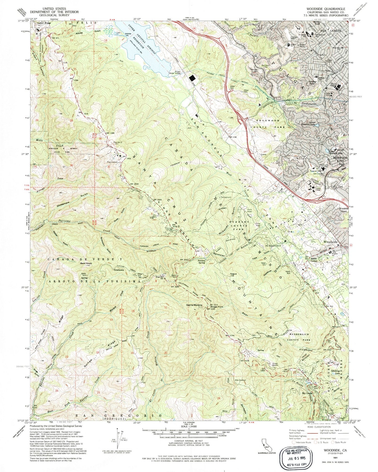Classic USGS Woodside California 7.5'x7.5' Topo Map Image