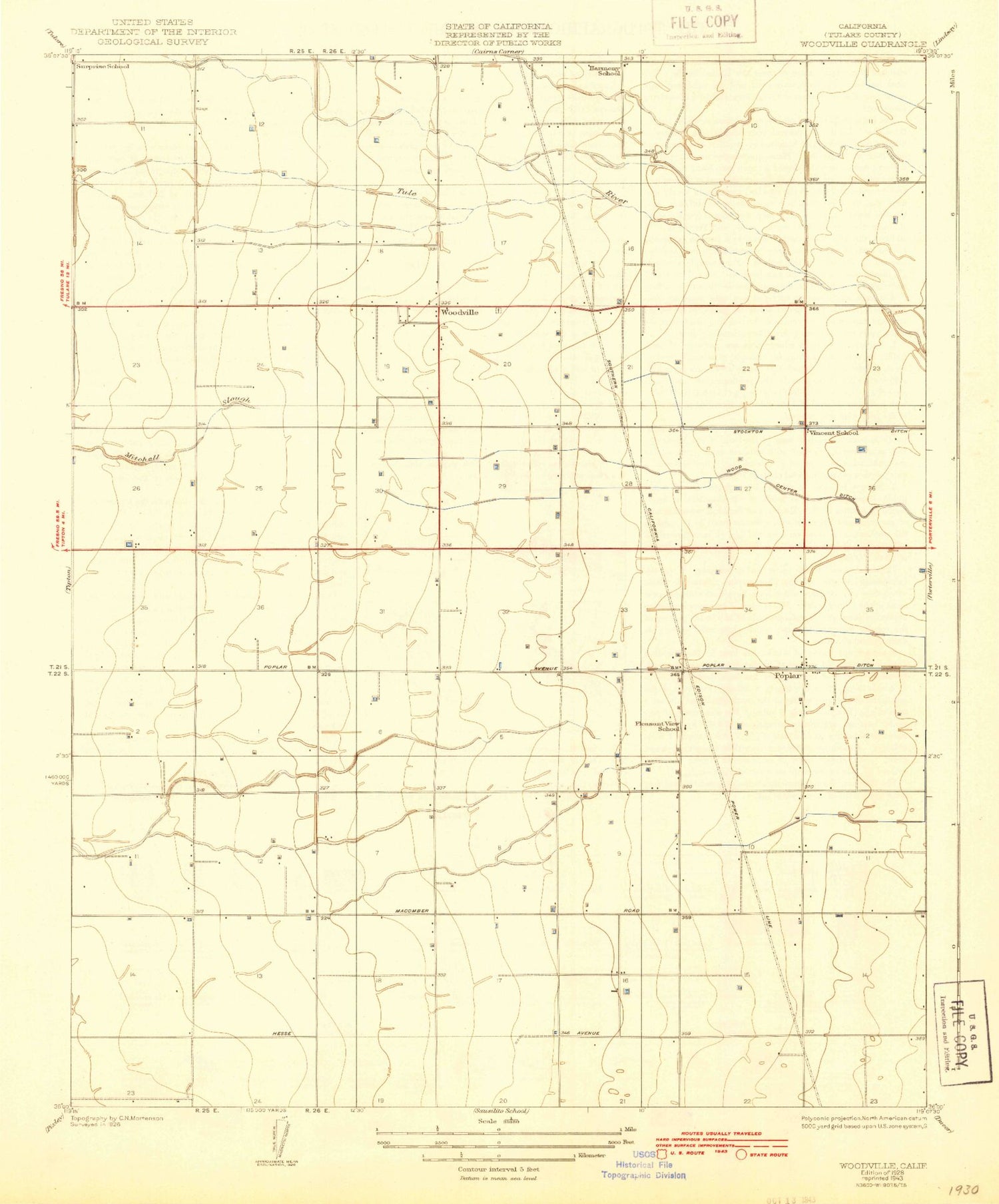 Classic USGS Woodville California 7.5'x7.5' Topo Map Image