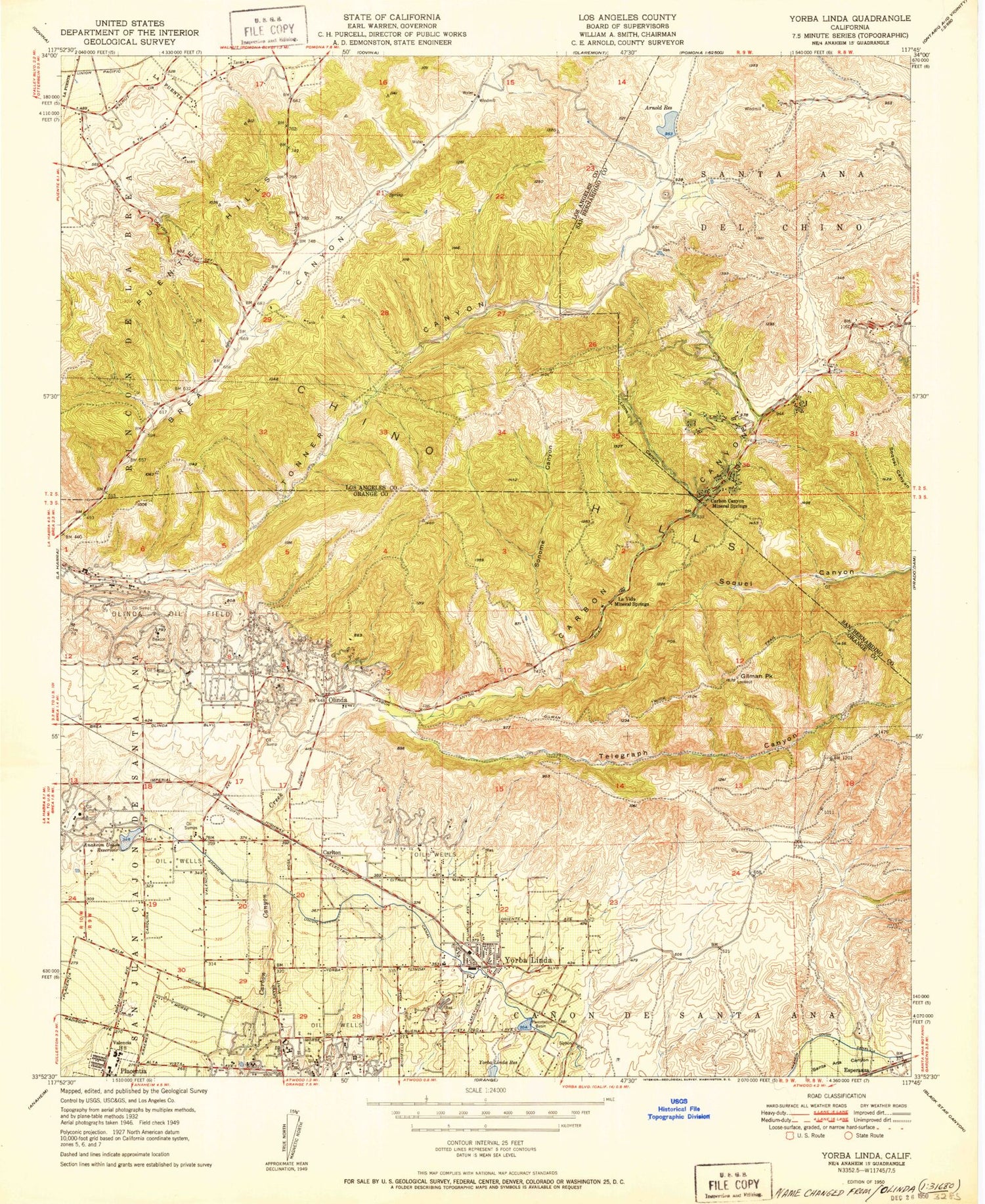 Classic USGS Yorba Linda California 7.5'x7.5' Topo Map Image