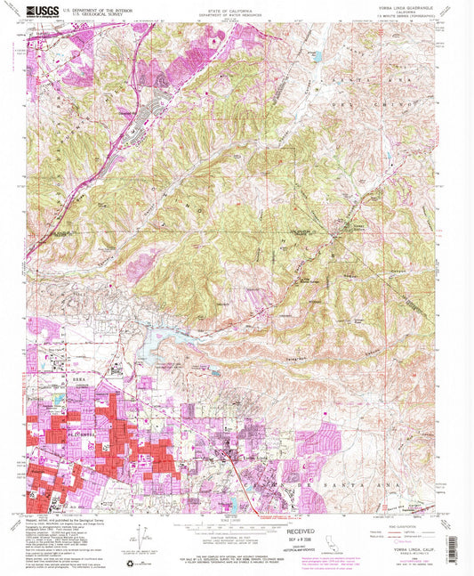 Classic USGS Yorba Linda California 7.5'x7.5' Topo Map Image