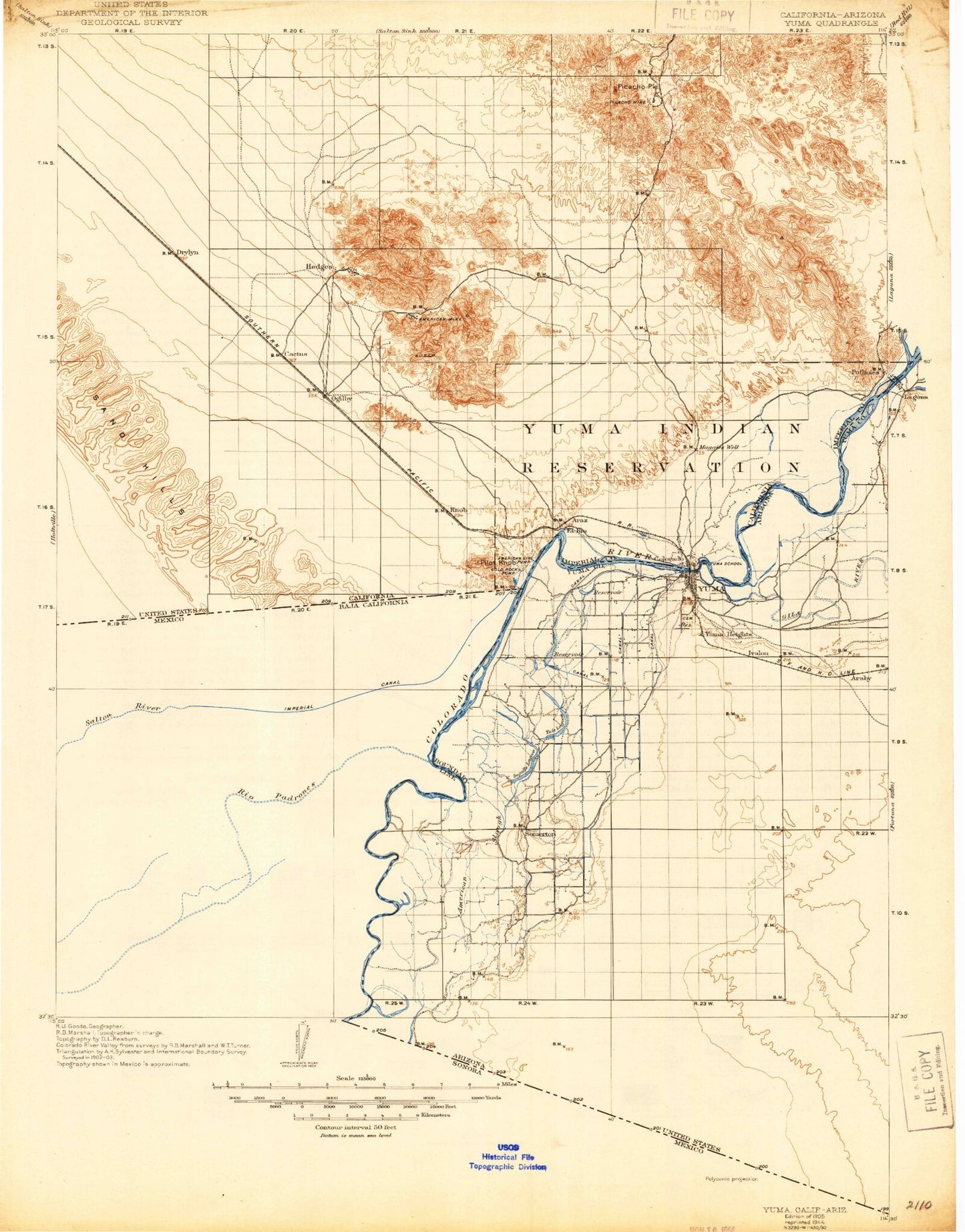 Historic 1905 Yuma California 30'x30' Topo Map Image