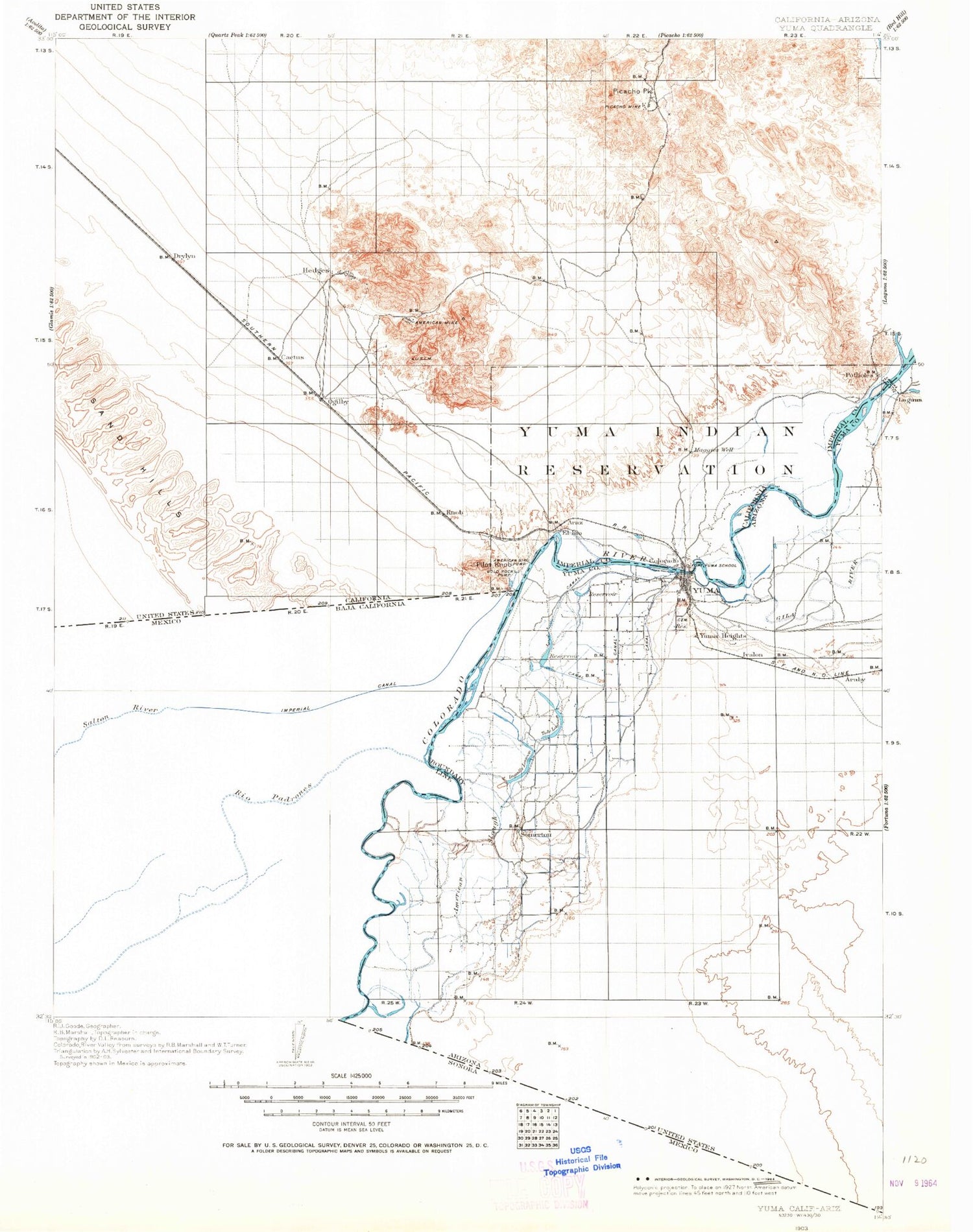 Historic 1903 Yuma California 30'x30' Topo Map Image