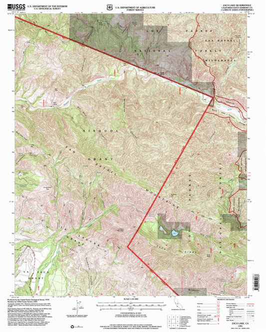 Classic USGS Zaca Lake California 7.5'x7.5' Topo Map Image