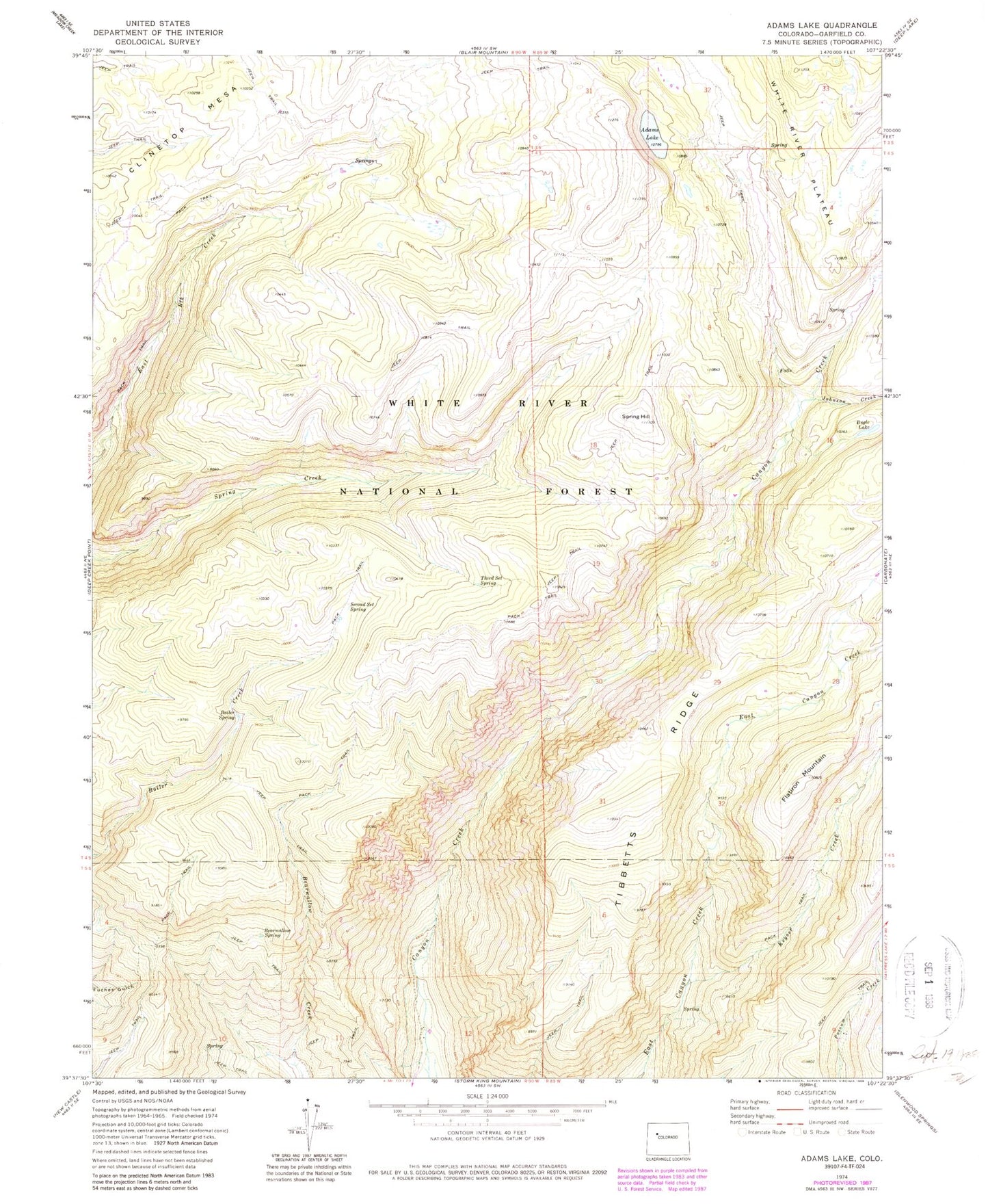 Classic USGS Adams Lake Colorado 7.5'x7.5' Topo Map Image