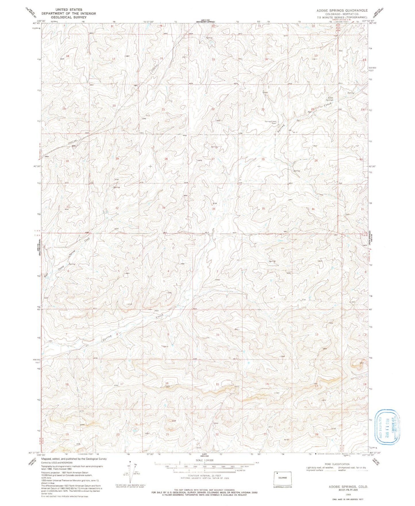 Classic USGS Adobe Springs Colorado 7.5'x7.5' Topo Map Image