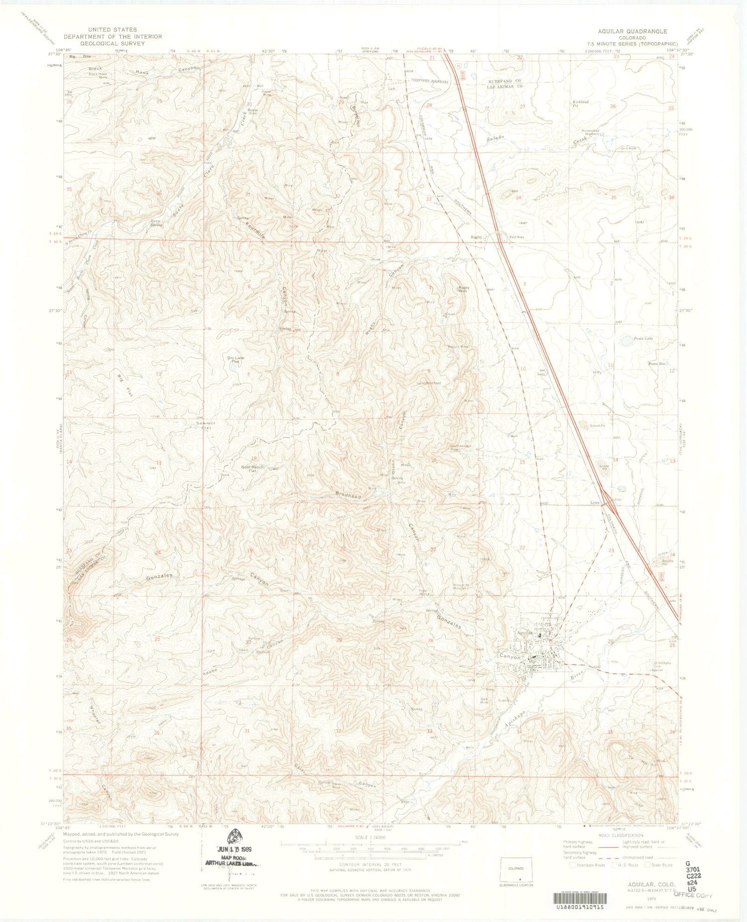 Classic USGS Aguilar Colorado 7.5'x7.5' Topo Map Image
