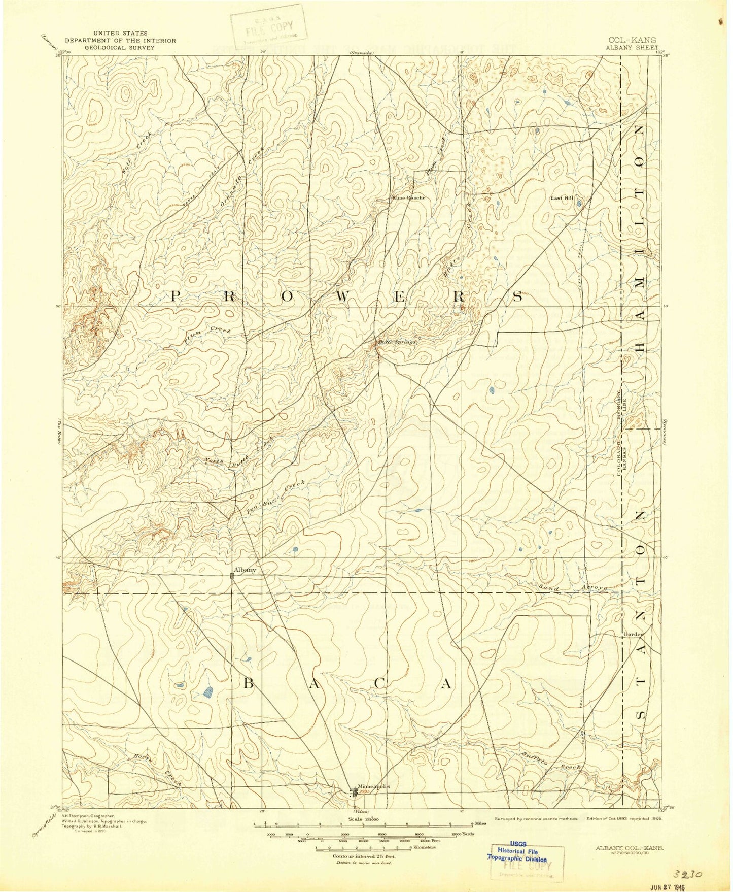 Historic 1893 Albany Colorado 30'x30' Topo Map Image