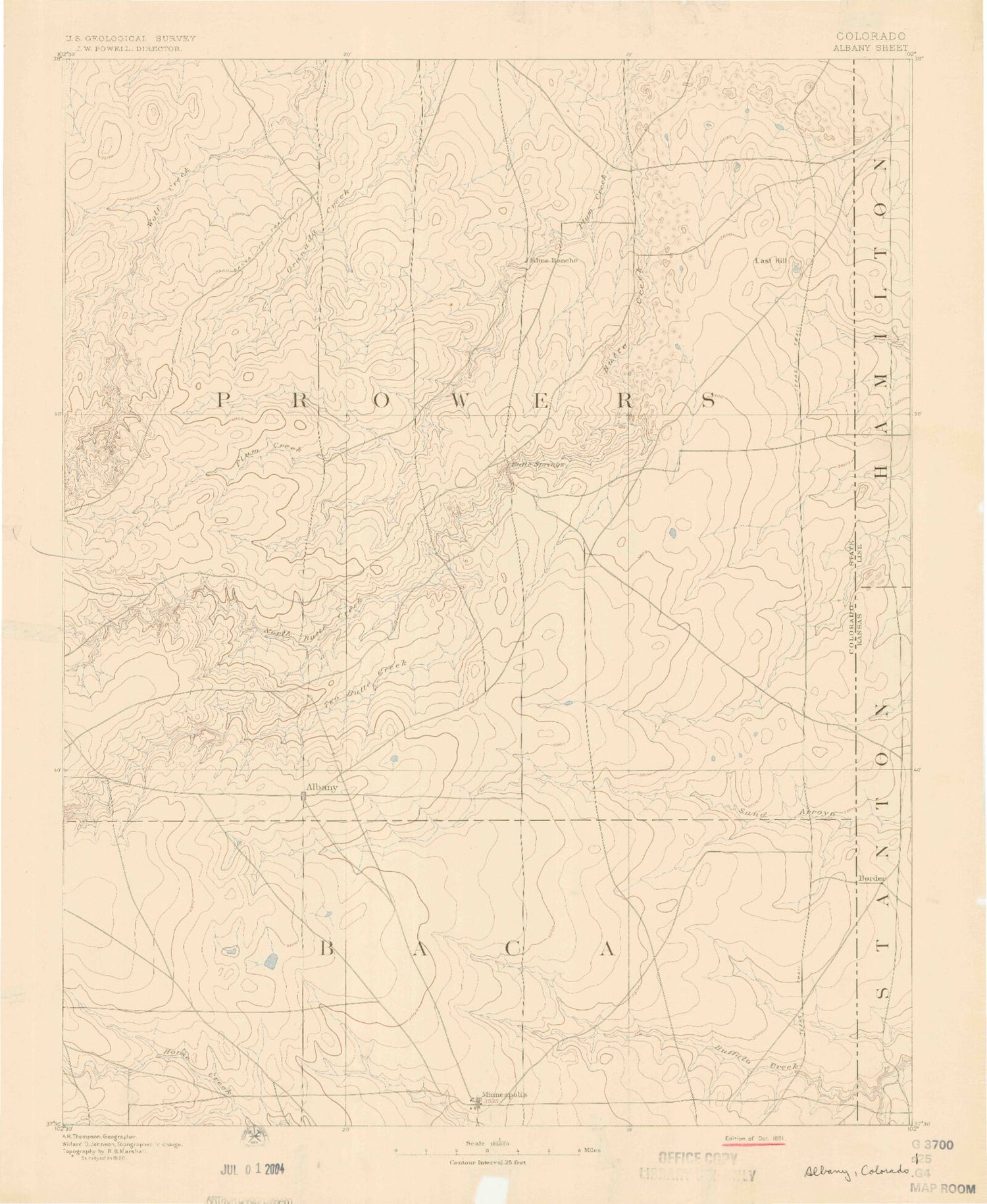 Historic 1891 Albany Colorado 30'x30' Topo Map Image