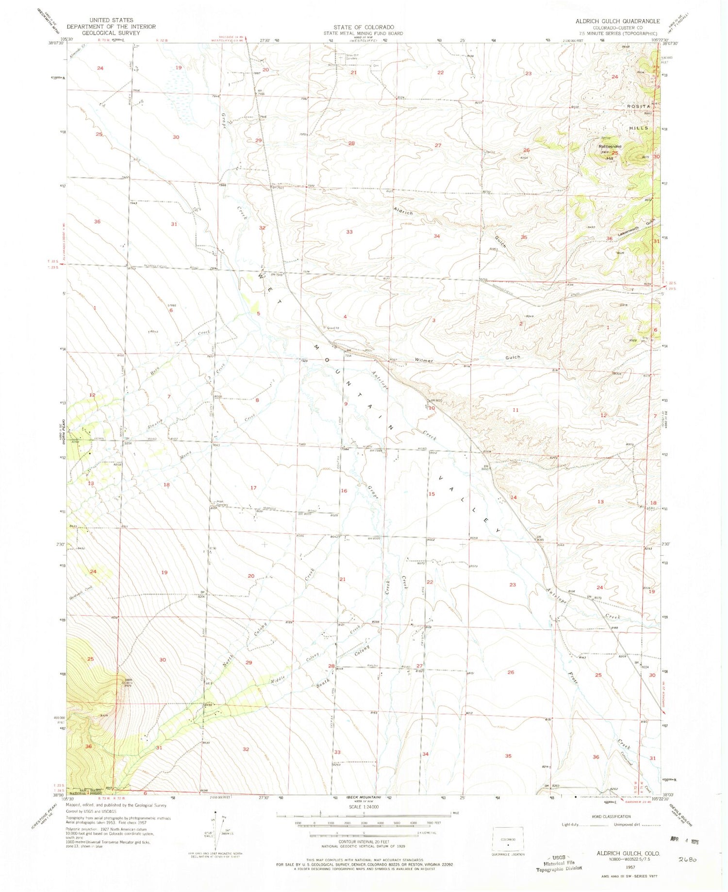 Classic USGS Aldrich Gulch Colorado 7.5'x7.5' Topo Map Image