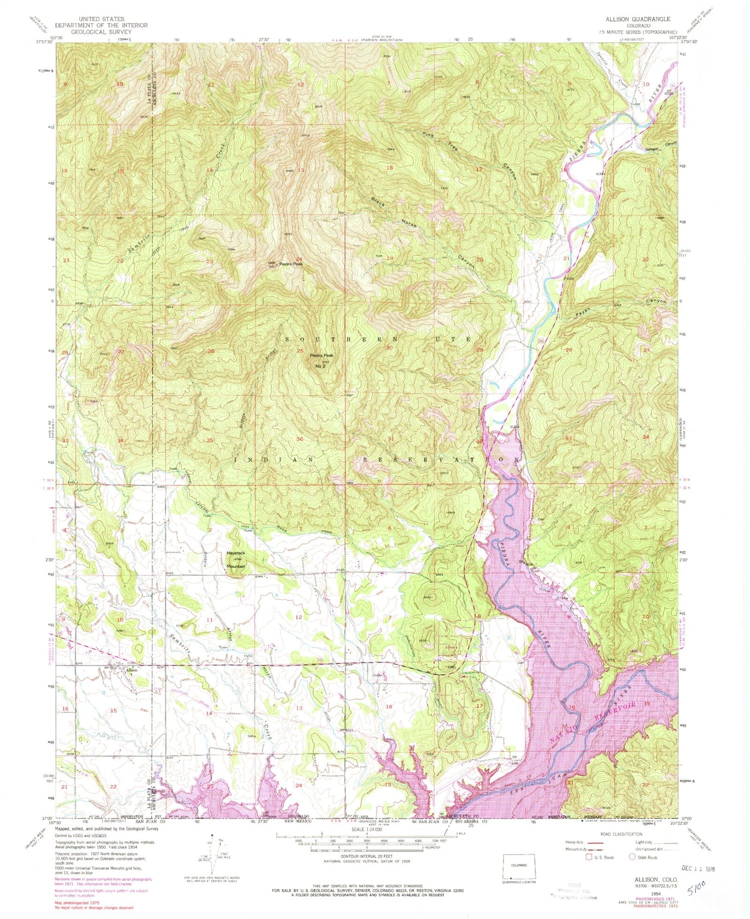 Classic USGS Allison Colorado 7.5'x7.5' Topo Map Image