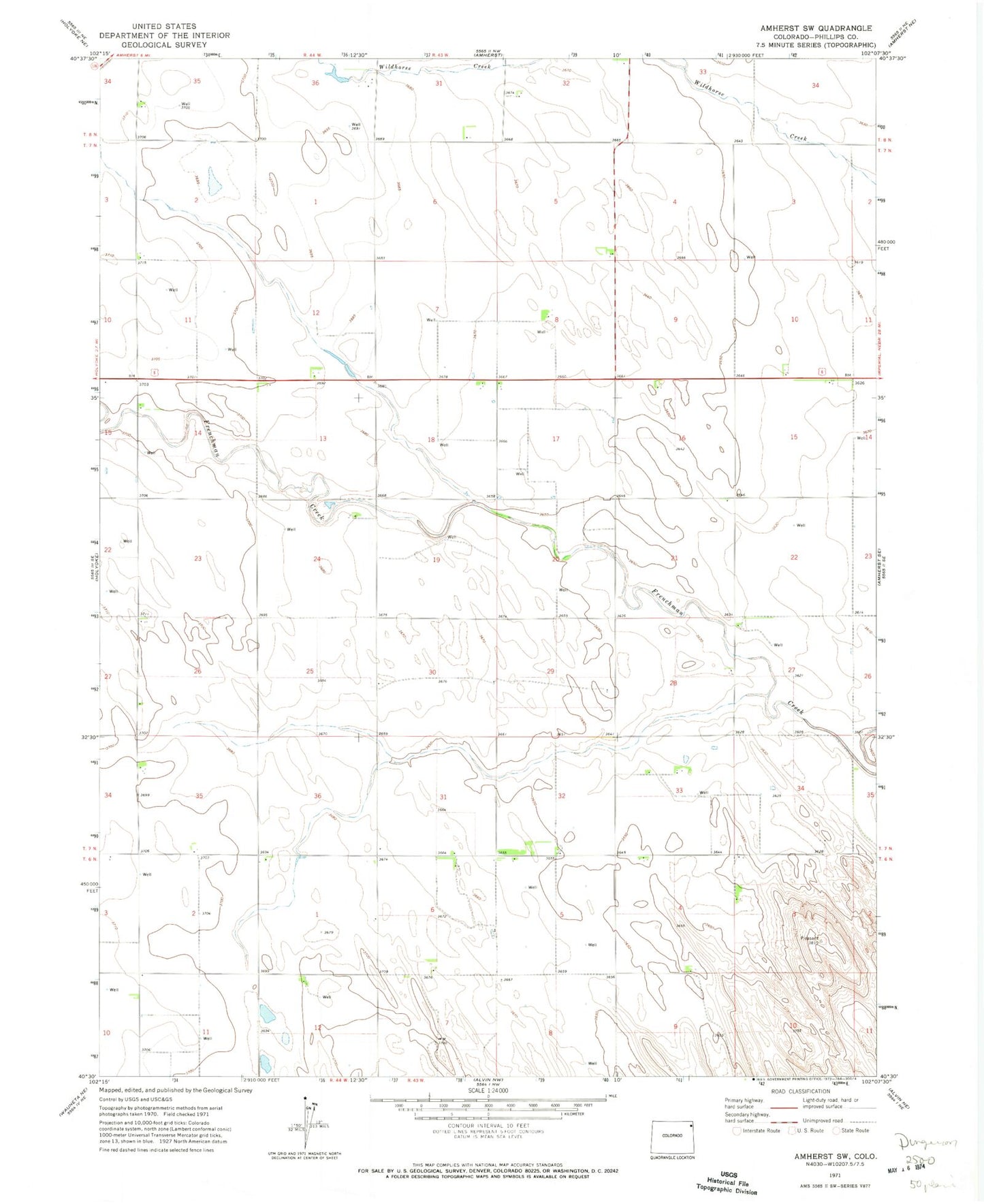 Classic USGS Amherst SW Colorado 7.5'x7.5' Topo Map Image