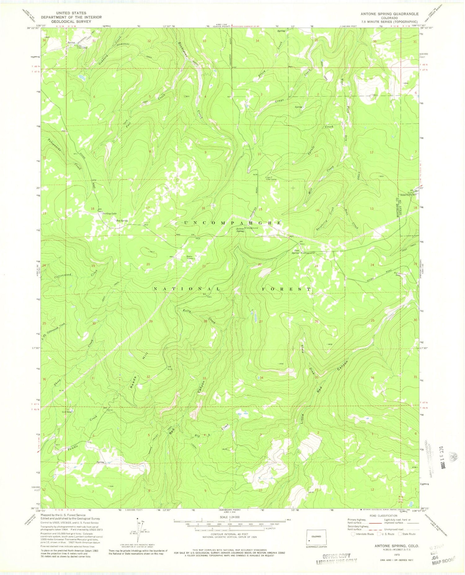 Classic USGS Antone Spring Colorado 7.5'x7.5' Topo Map Image