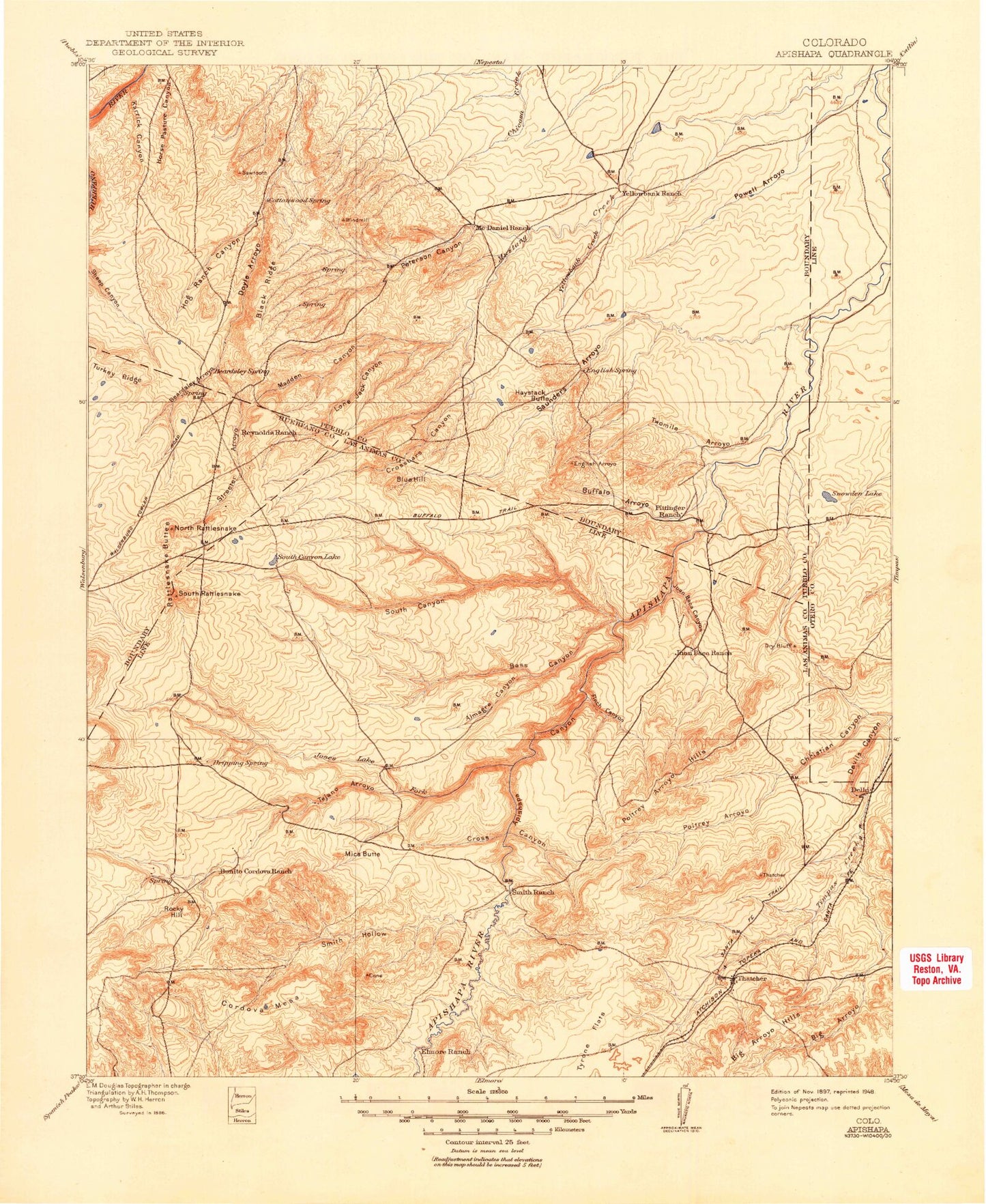 Historic 1897 Apishapa Colorado 30'x30' Topo Map Image