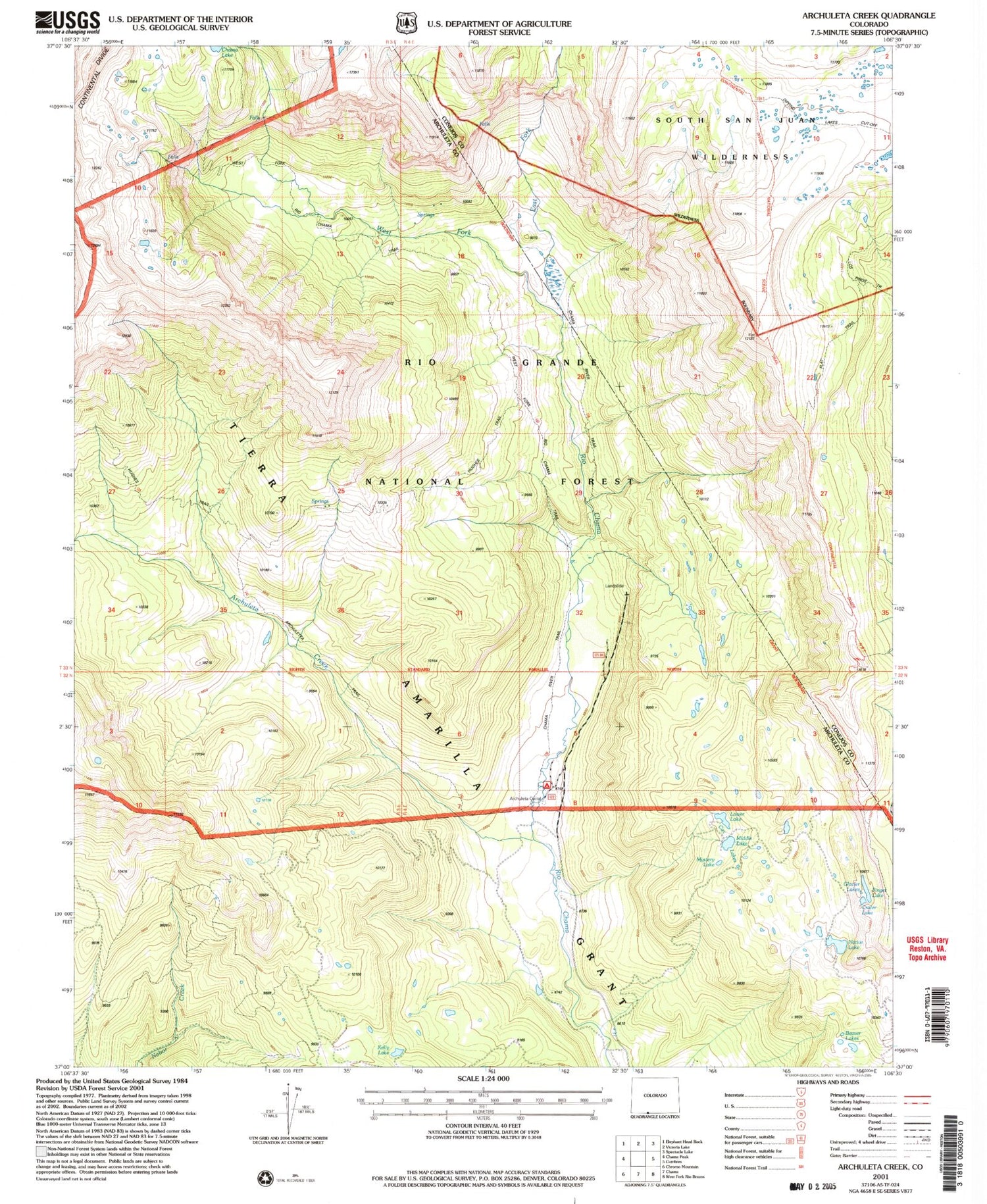 Classic USGS Archuleta Creek Colorado 7.5'x7.5' Topo Map Image