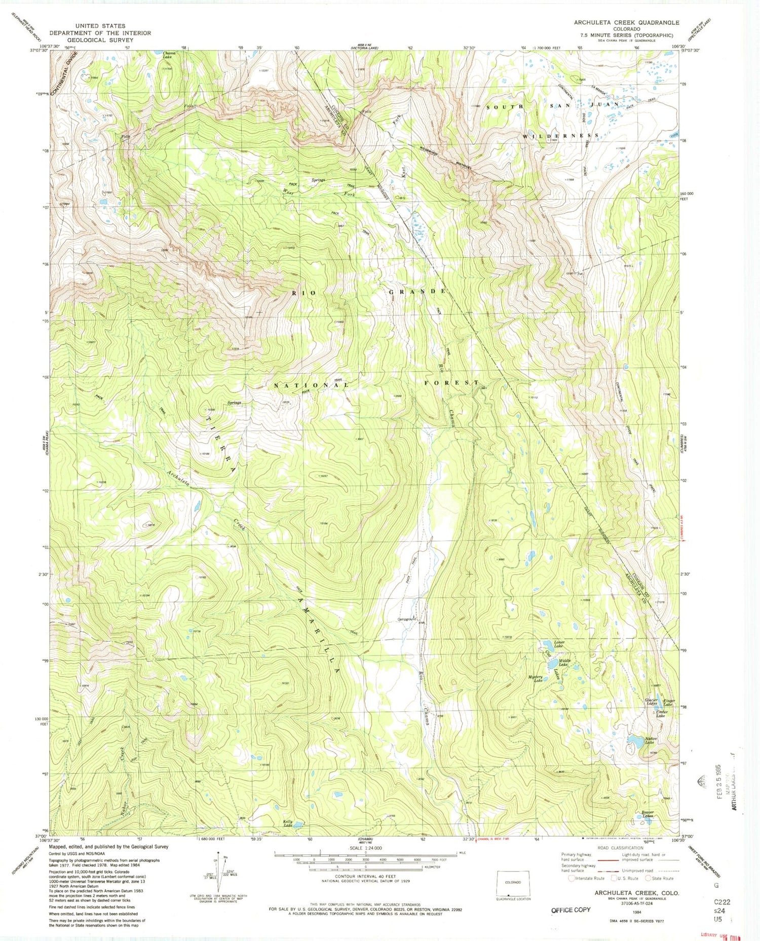 Classic USGS Archuleta Creek Colorado 7.5'x7.5' Topo Map Image