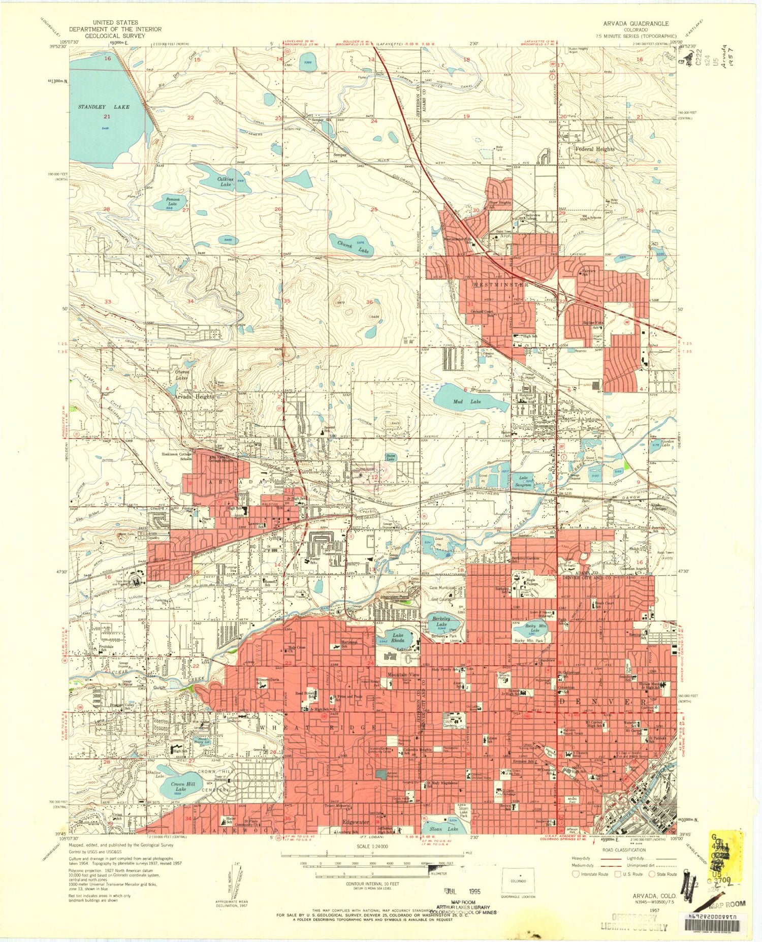 Classic USGS Arvada Colorado 7.5'x7.5' Topo Map Image