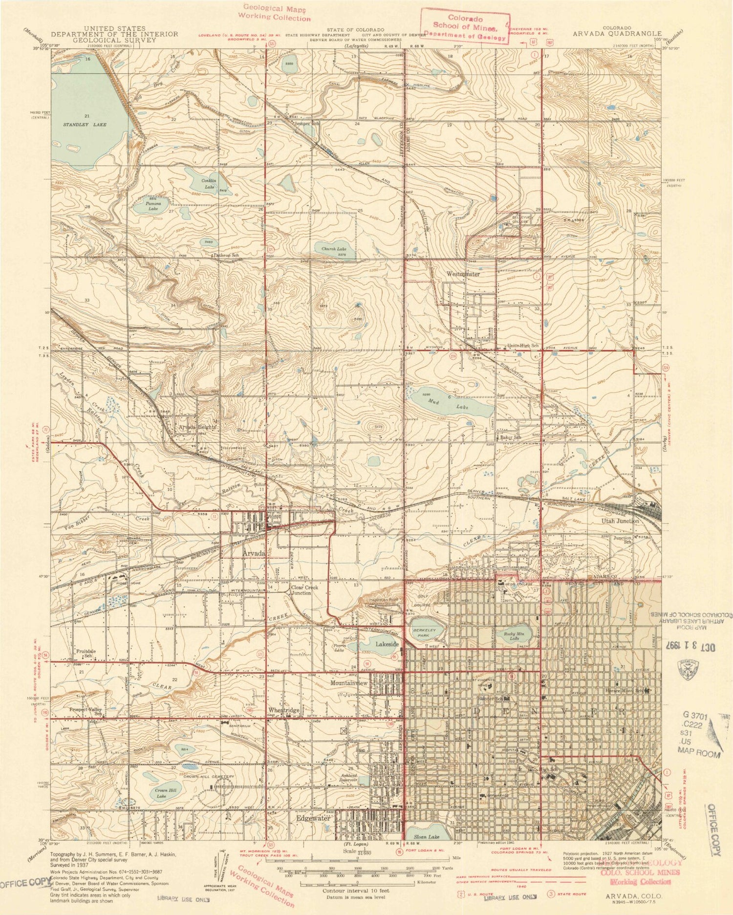 Classic USGS Arvada Colorado 7.5'x7.5' Topo Map Image
