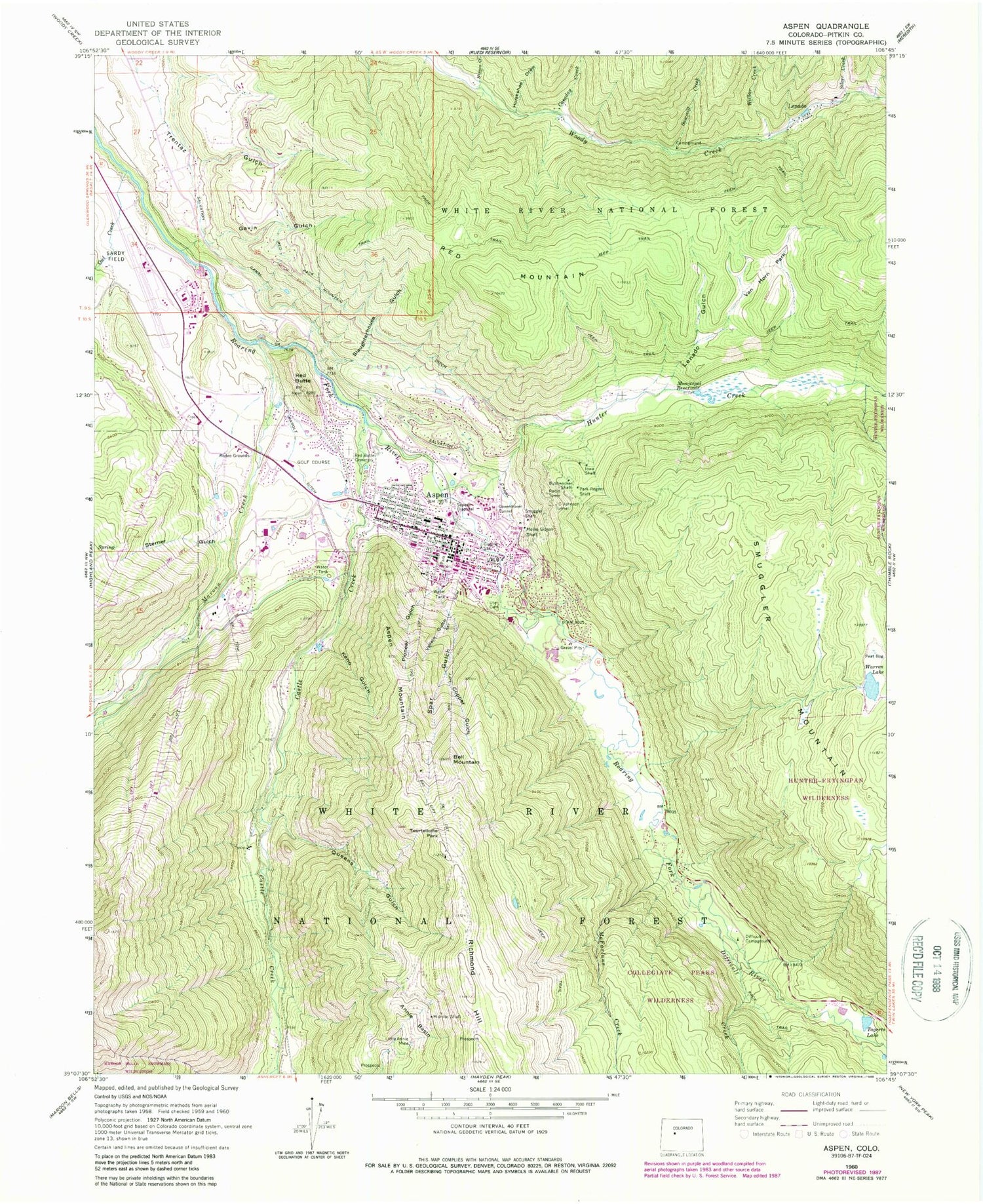 Classic USGS Aspen Colorado 7.5'x7.5' Topo Map Image