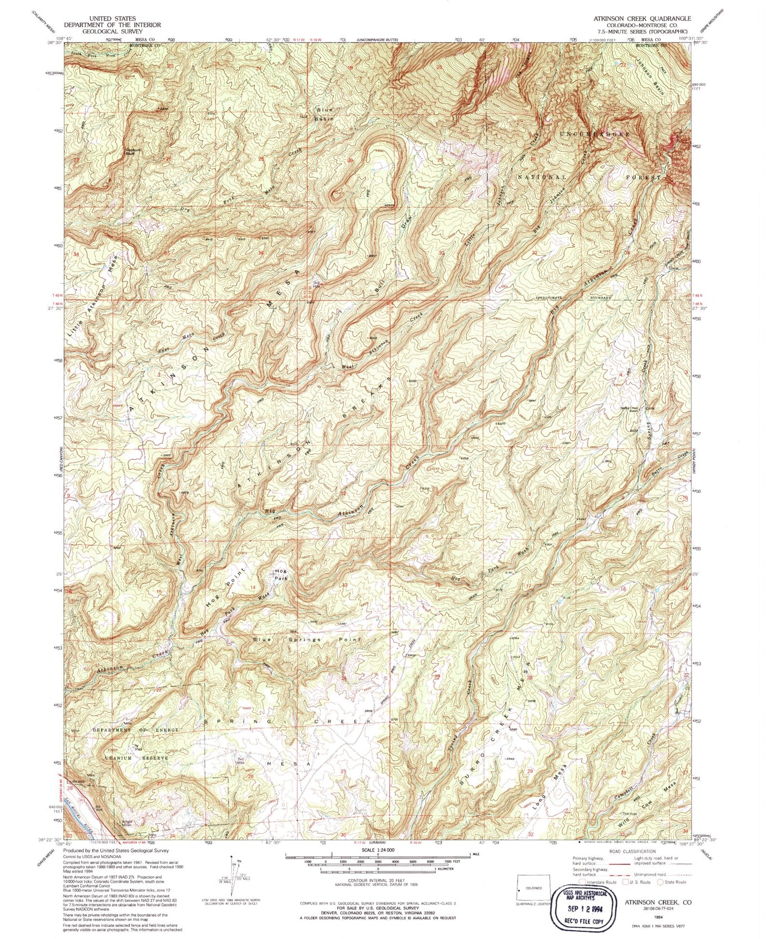 Classic USGS Atkinson Creek Colorado 7.5'x7.5' Topo Map Image